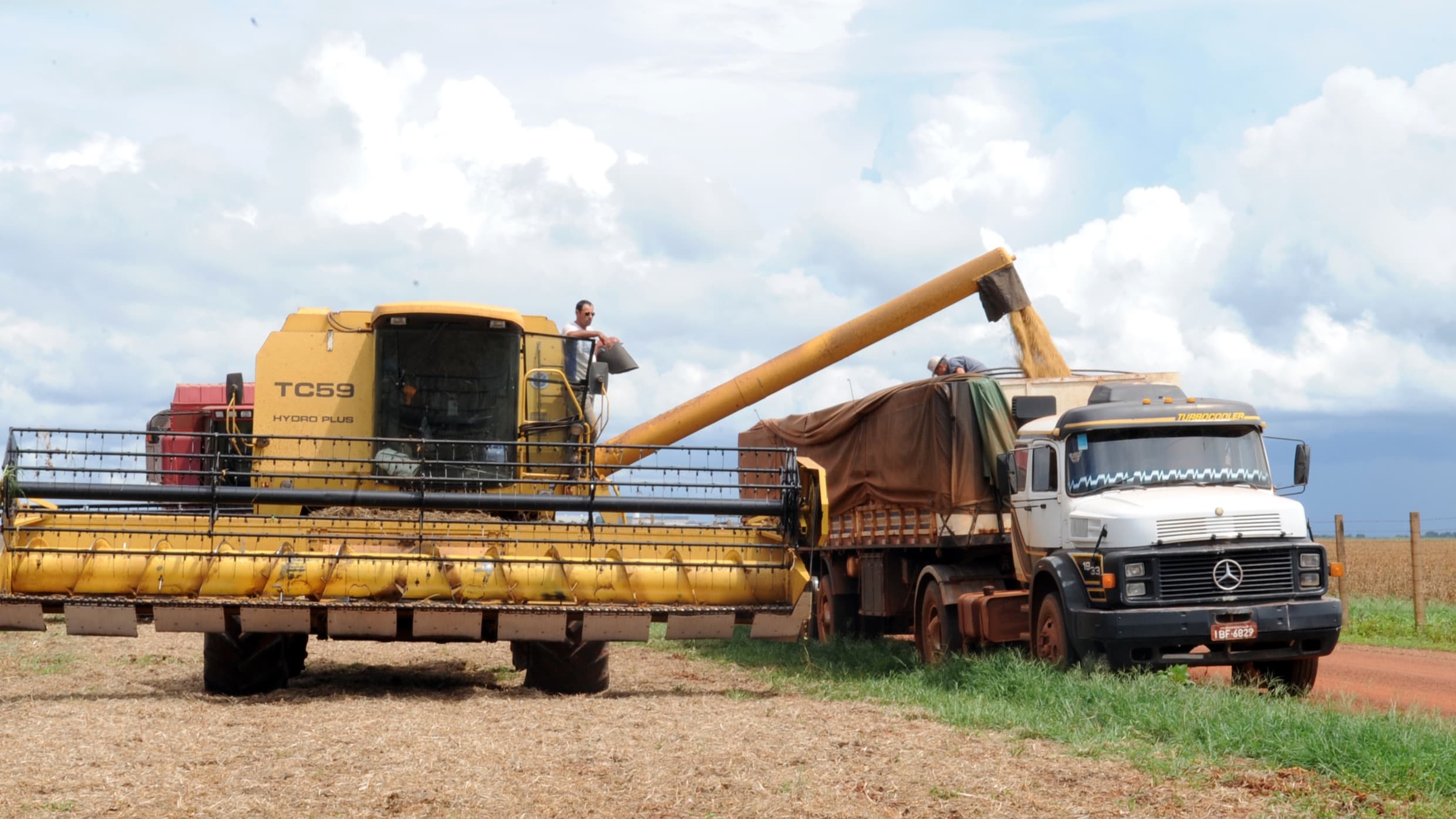 Colheitadeira carrega caminhão com soja em fazenda de Rondonópolis, Mato Grosso, em imagem de arquivo