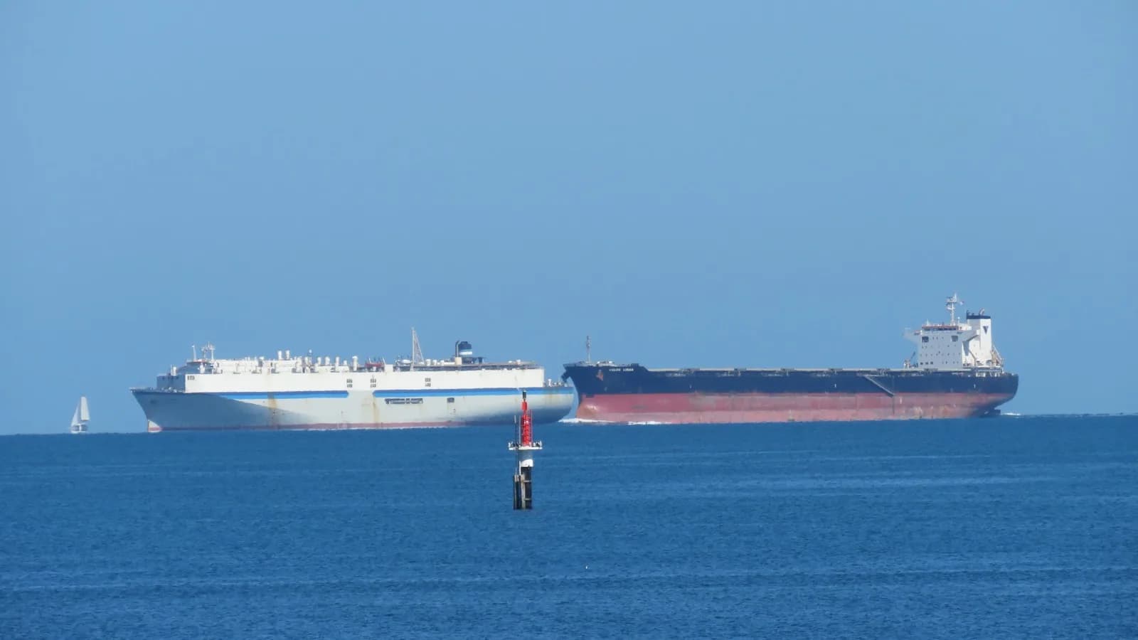 Navio graneleiro cruza com navio transportador de gado vivo no mar; foto ilustrativa do tipo de embarcação usada no comércio internacional de bovinos