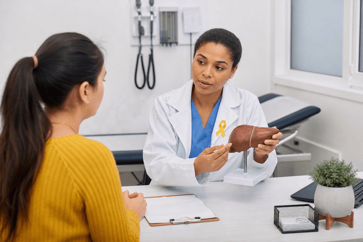 Médica em consultório mostra um modelo anatômico de fígado a uma paciente, usando um laço amarelo no jaleco em referência à campanha Julho Amarelo de prevenção e diagnóstico das hepatites B e C