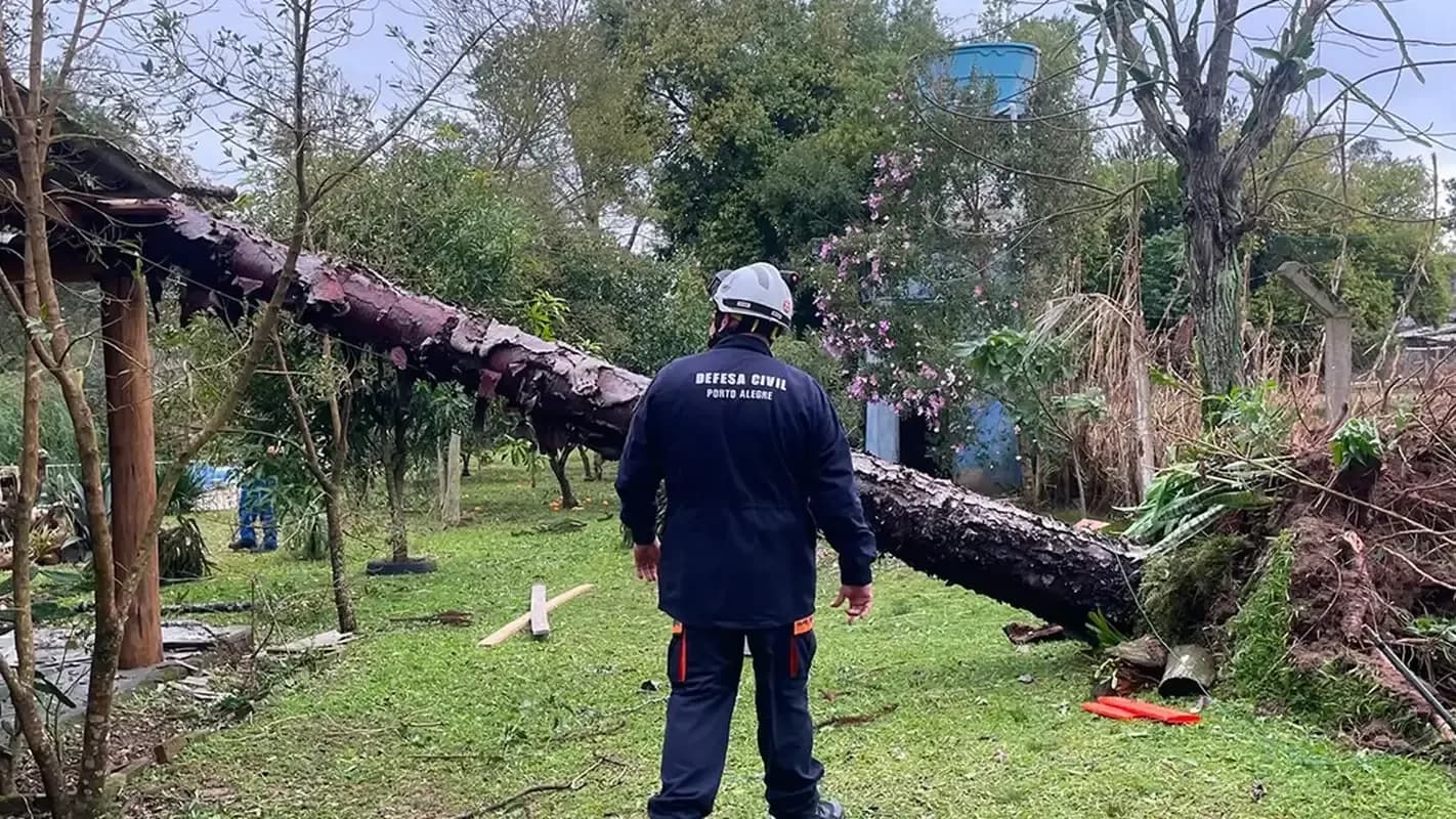 Agente da Defesa Civil de Porto Alegre observa árvore caída sobre estrutura após temporal no Rio Grande do Sul