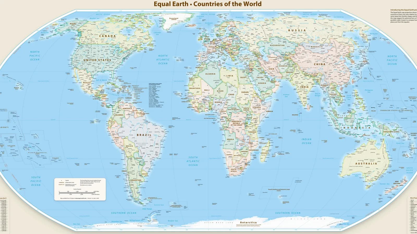 Mapa-múndi na projeção Equal Earth, que mostra o tamanho real dos continentes