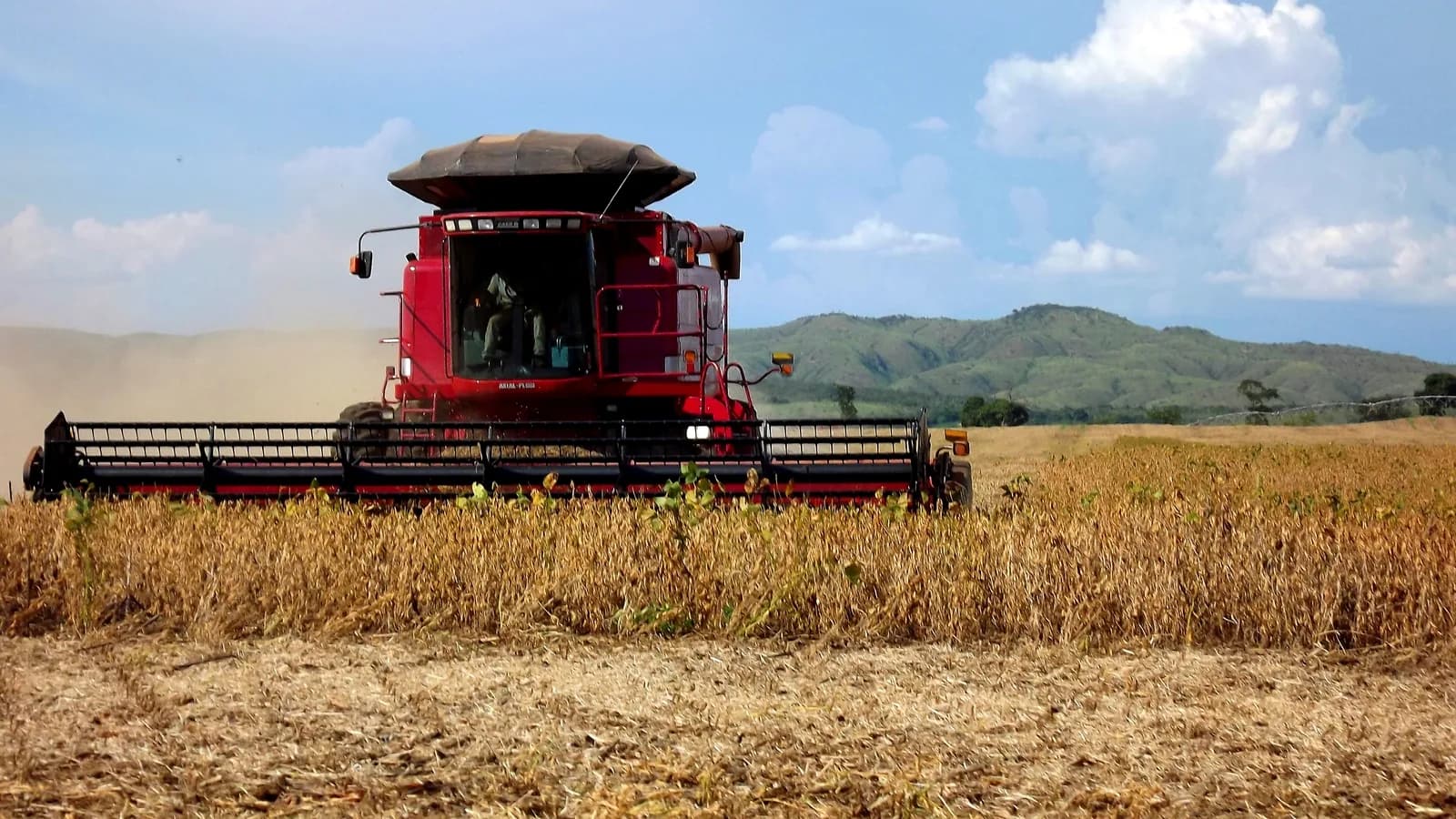 Colheitadeira em lavoura de soja no Brasil