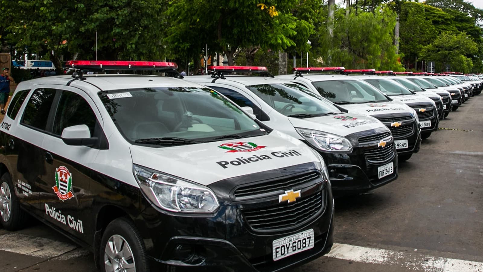 Fila de viaturas brancas e pretas da Polícia Civil de São Paulo estacionadas lado a lado, com giroflex vermelho no teto e o brasão do estado na lataria. Imagem de arquivo.