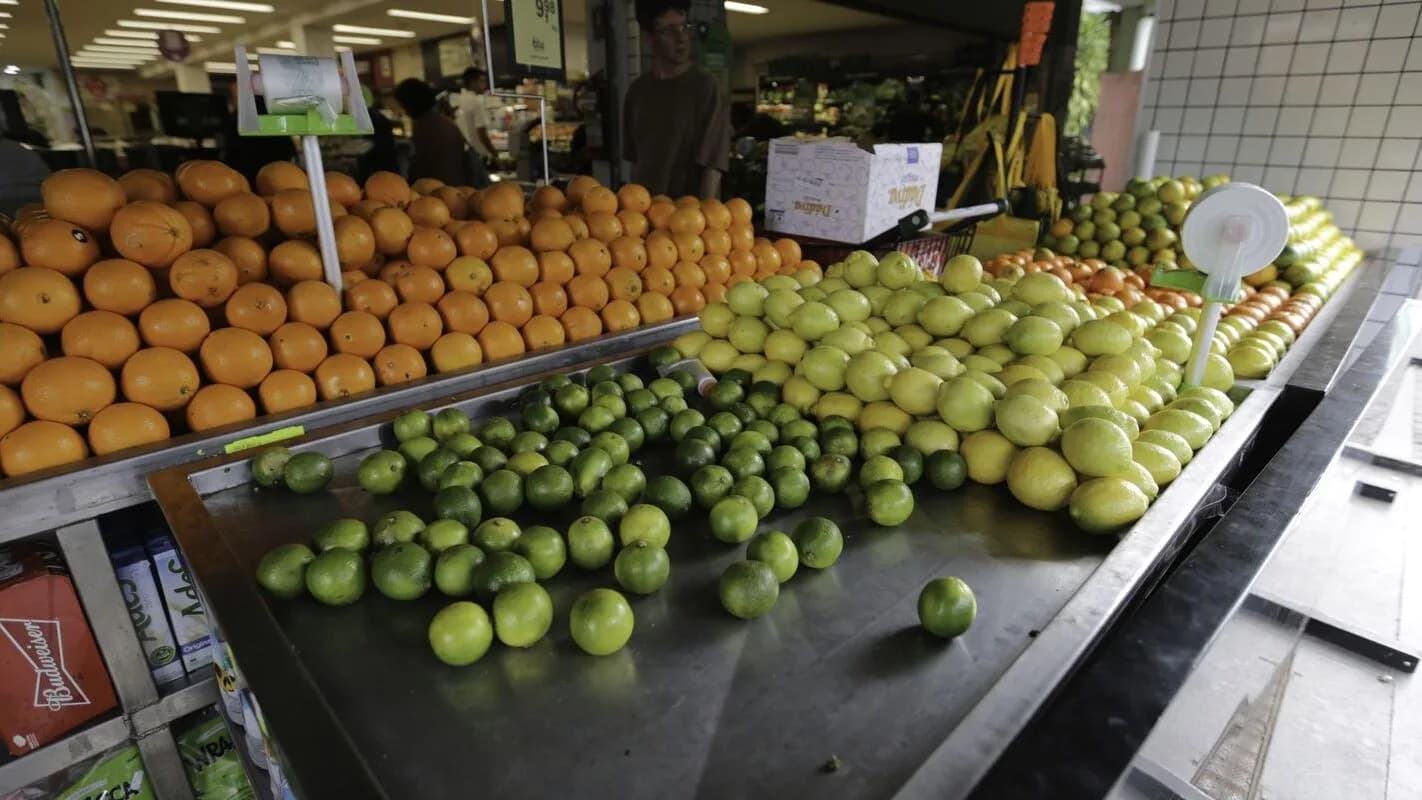 Banca de frutas variadas em feira livre no Brasil